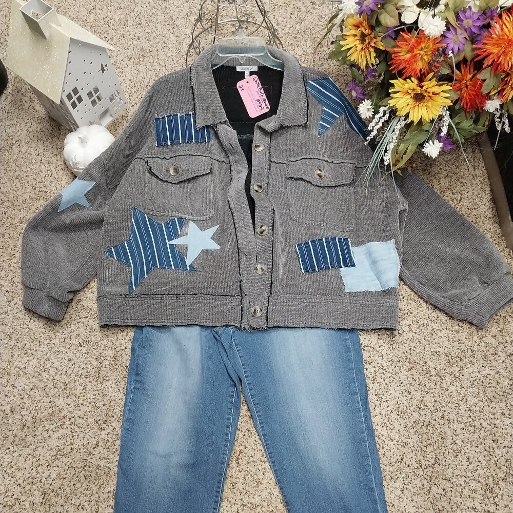 3729 Size 2X White Birch Upcycled With Jean Stars Applique Shacket.